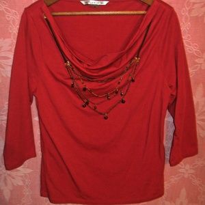 Peter Nygard Red Top W/Beaded Necklace Draped Neck